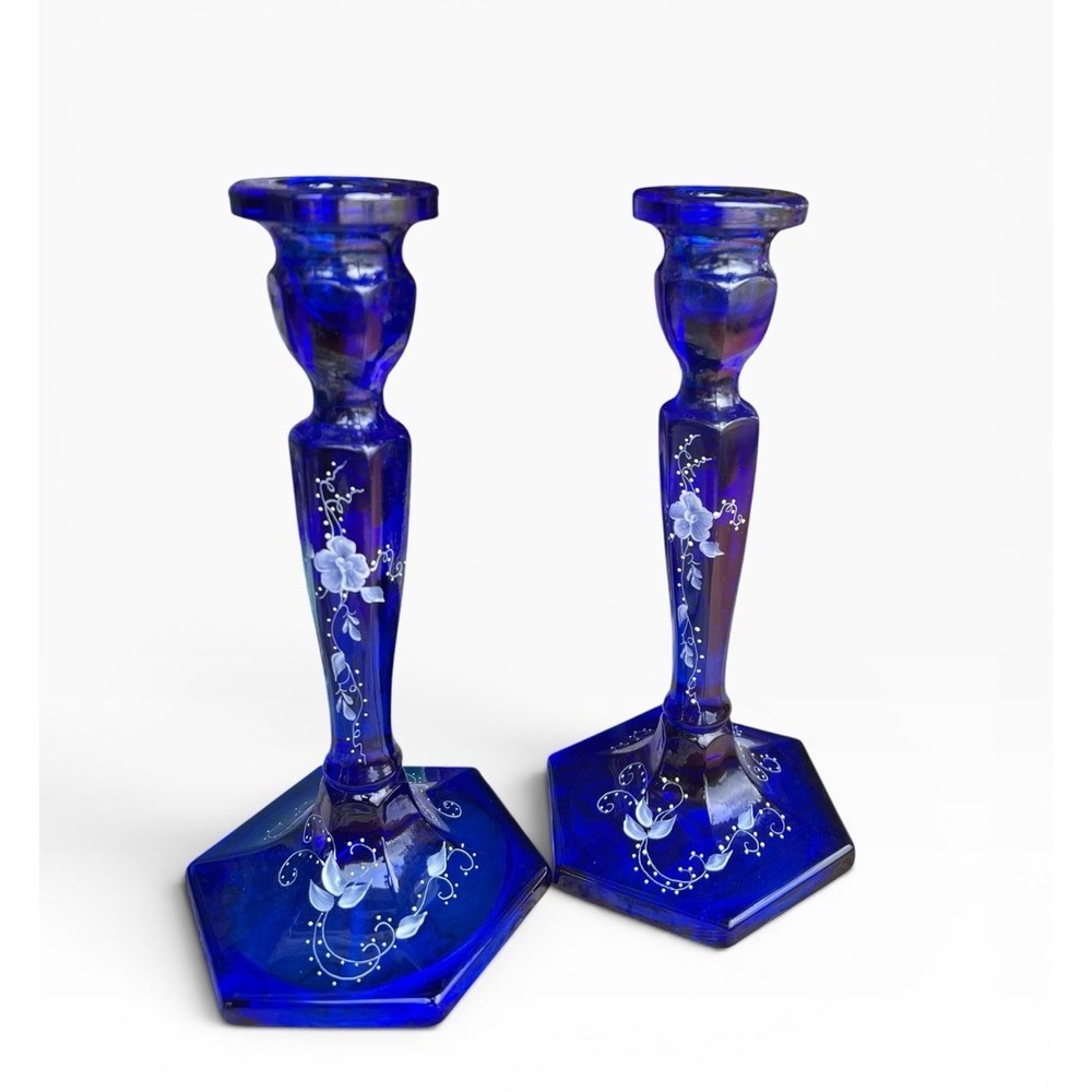 Fenton Blue Royale White Elizabeth Rose Candlesticks Pair 9071EM JK Spindler Set